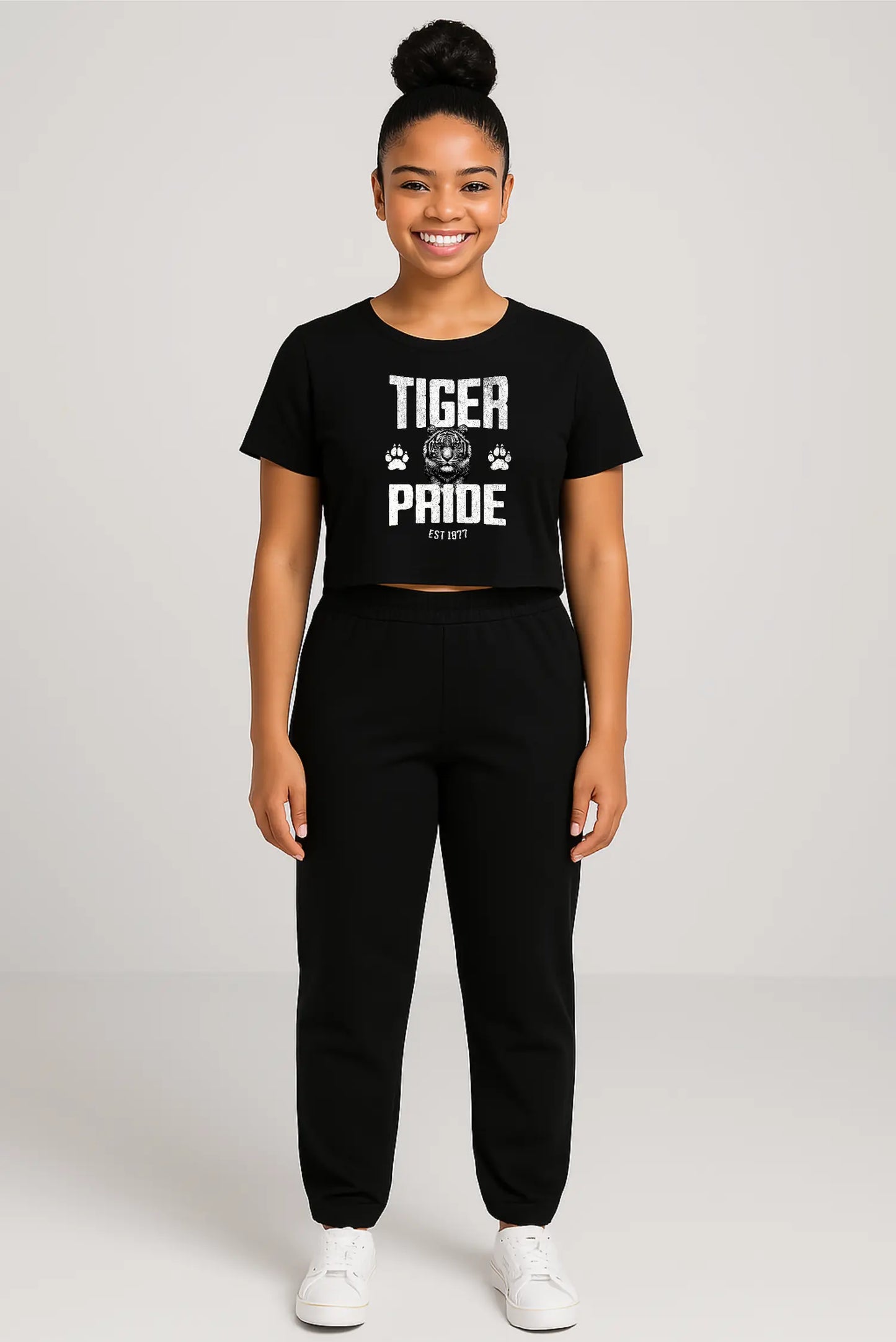 Tiger Pride Tigerhead White Women's Flowy Cropped Tee Printify