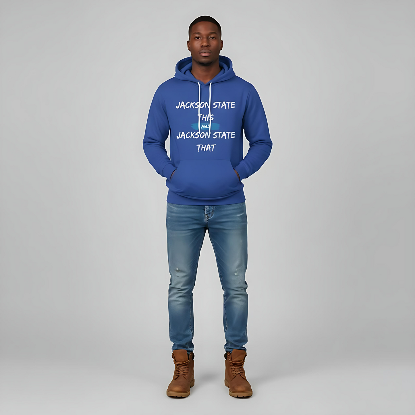 Jackson State This, Jackson State That Men's Block White Red Fleece Pullover Hoodie Printify