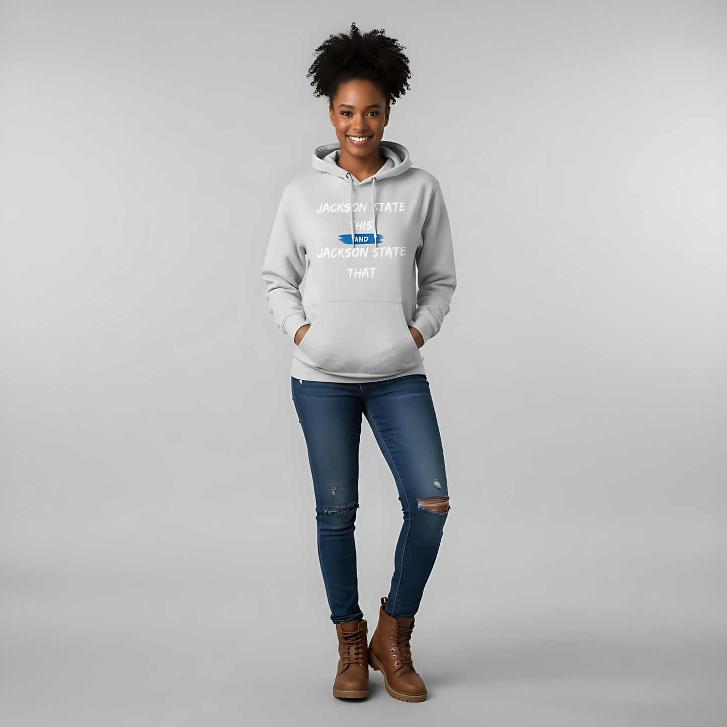 Jackson State This, Jackson State That Women's Block White Baby Blue Premium Pullover Hoodie Printify