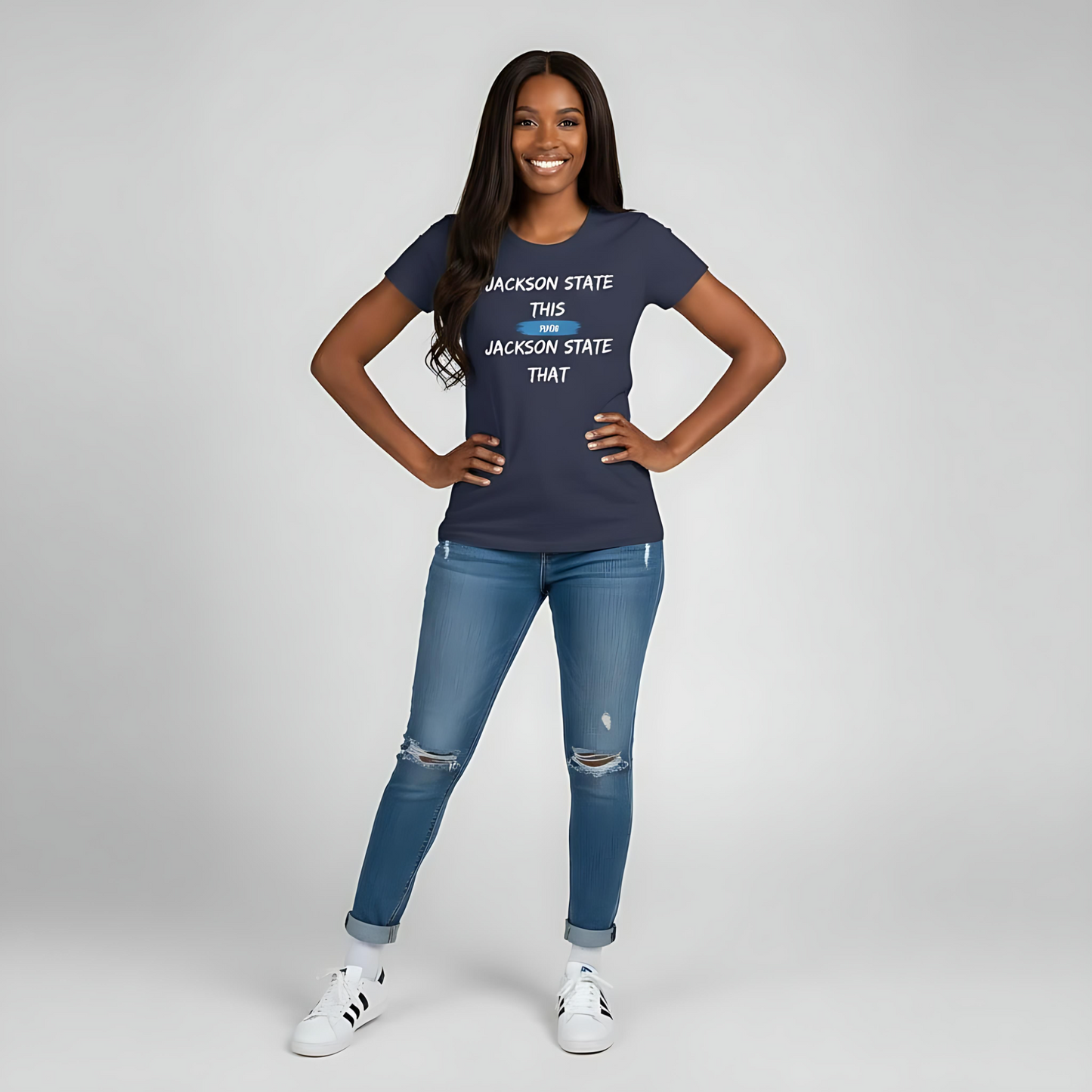 Jackson State This Jackson State That White Baby Blue Block Women's Favorite Tee Printify
