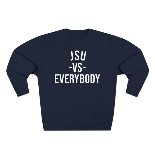 Navy blue sweatshirt with 'JSU VS EVERYBODY' text on a white background