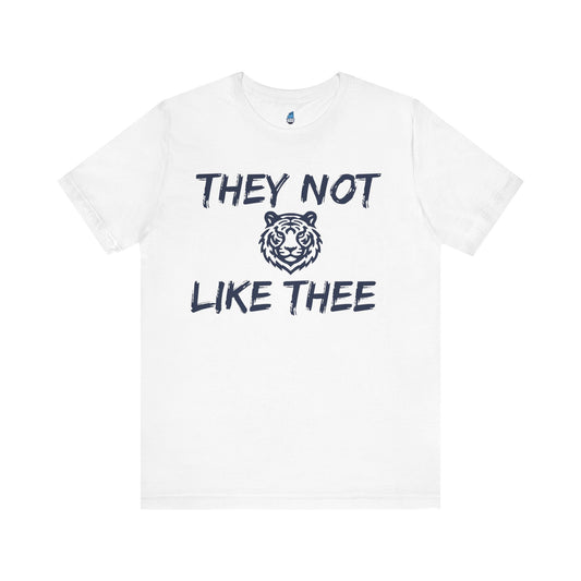 White t-shirt with black text and tiger graphic on a white background