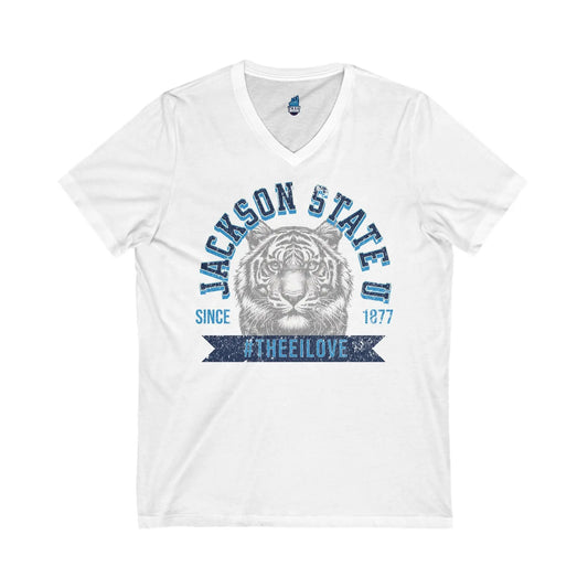 Jackson State Univ #TheeILove Men's Navy Jersey Short Sleeve V-Neck Tee Printify