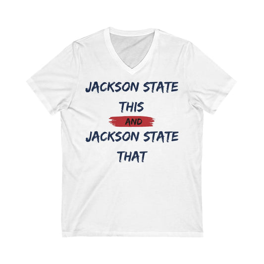 Jackson State This, Jackson State That Navy Red Block Men's Jersey Short Sleeve V-Neck Tee Printify
