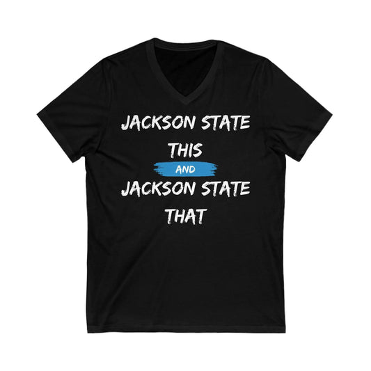 Jackson State This, Jackson State That White Baby Blue Block Men's Jersey Short Sleeve V-Neck Tee Printify