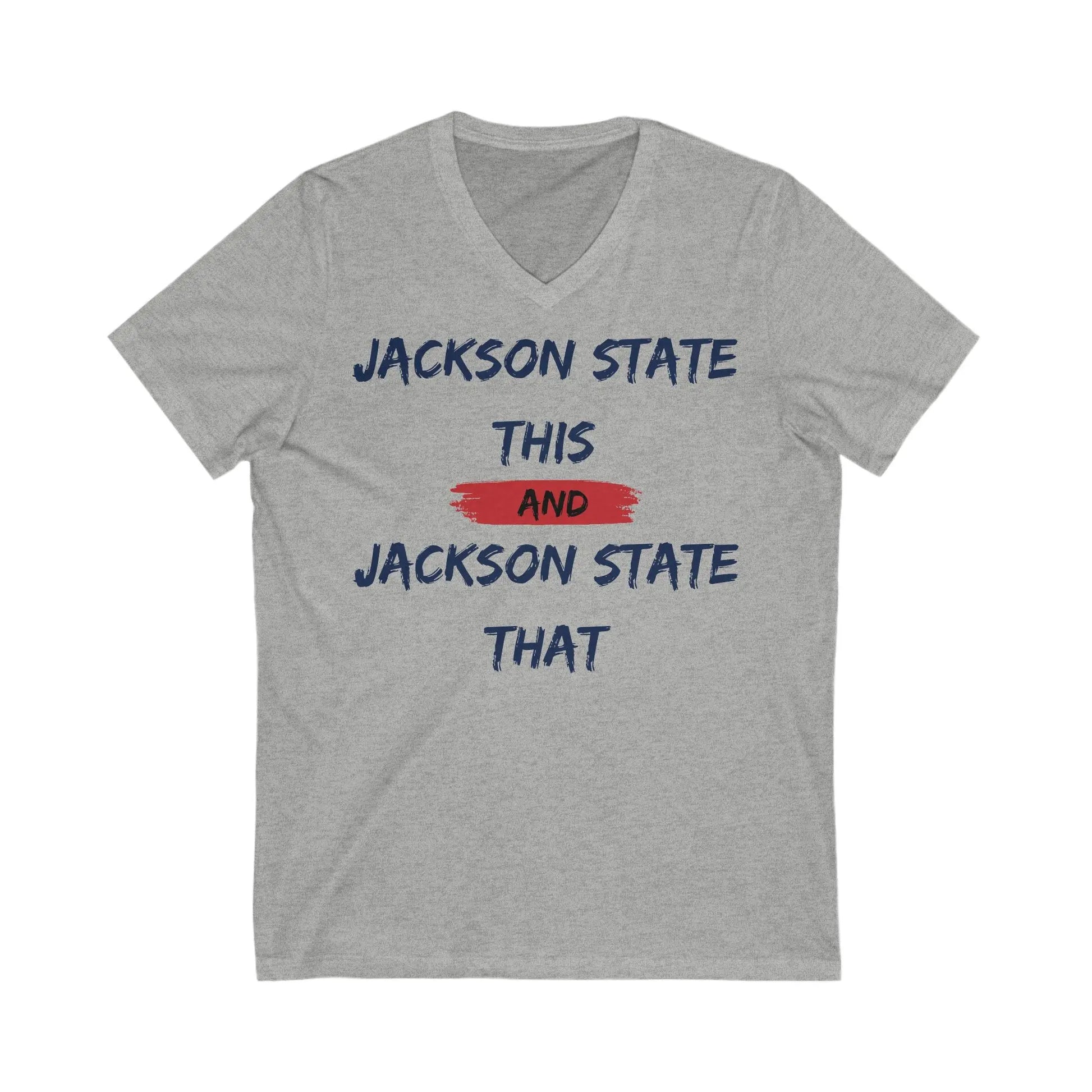 Jackson State This, Jackson State That Navy Red Block Men's Jersey Short Sleeve V-Neck Tee Printify