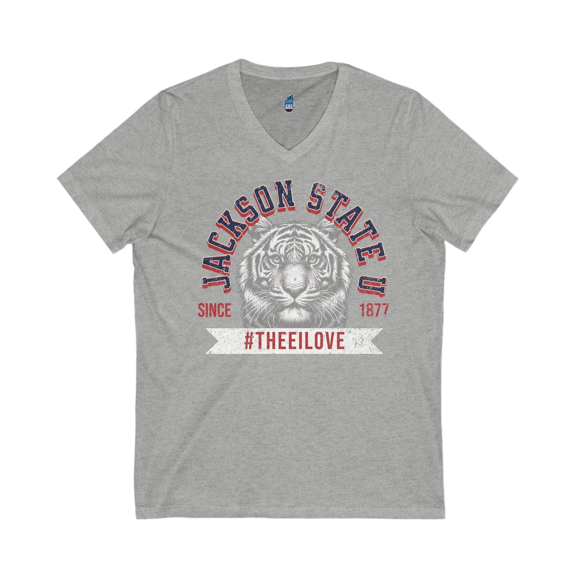 Jackson State Univ #TheeILove Men's White Jersey Short Sleeve V-Neck Tee Printify