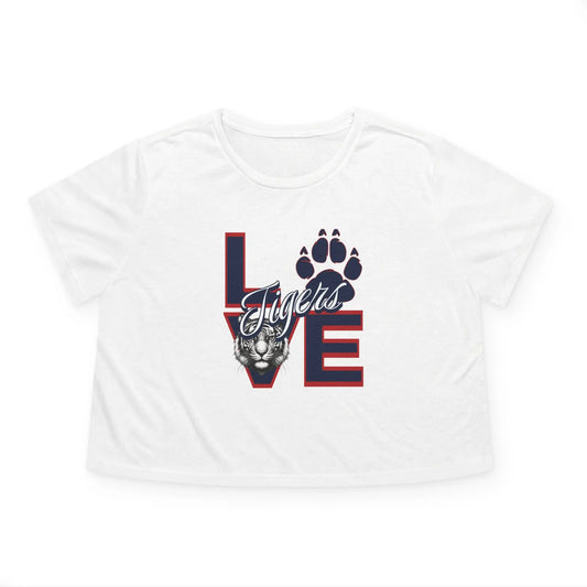 Love Tigers Varsity Women's Flowy Cropped Tee Printify
