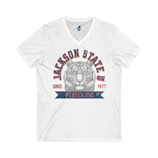 Jackson State Univ #TheeILove Men's Red Jersey Short Sleeve V-Neck Tee Printify
