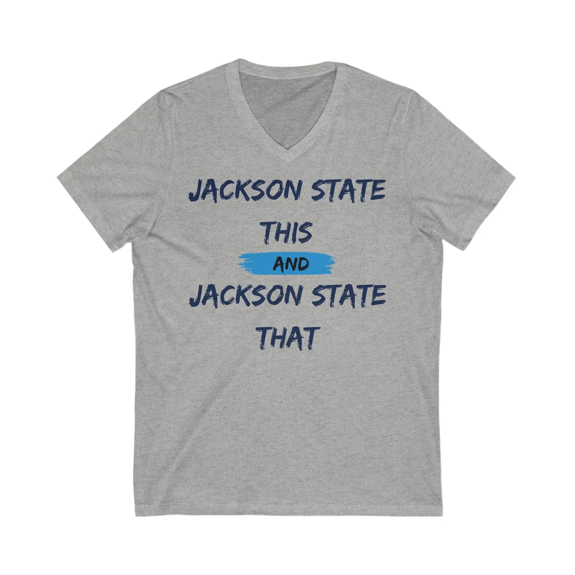 Jackson State This, Jackson State That Navy Baby Blue Block Men's Jersey Short Sleeve V-Neck Tee Printify