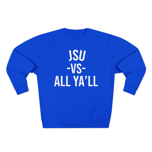 Blue sweatshirt with white text on a white background