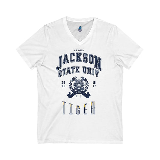 Proud Jackson State Univ Tiger Men's Navy Jersey Short Sleeve V-Neck Tee Printify