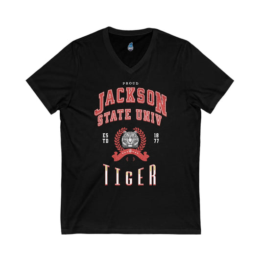 Proud Jackson State Univ Tiger Men's Red Jersey Short Sleeve V-Neck Tee Printify