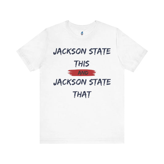 Jackson State This, Jackson State That Navy Red Block Men's Jersey Short Sleeve Tee Printify