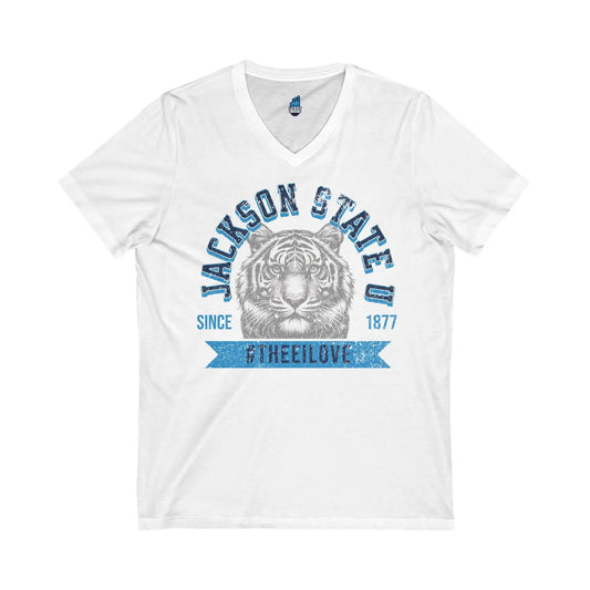 Jackson State Univ #TheeILove Men's Baby Blue Jersey Short Sleeve V-Neck Tee Printify