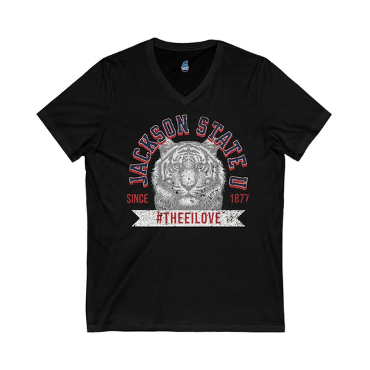 Jackson State Univ #TheeILove Men's White Jersey Short Sleeve V-Neck Tee Printify
