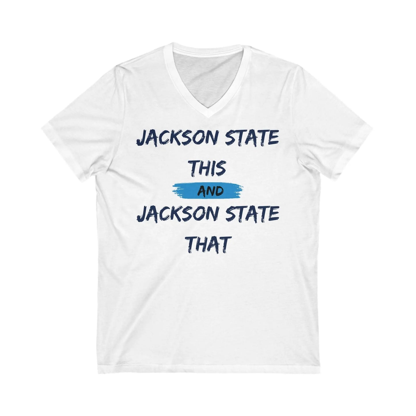 Jackson State This, Jackson State That Navy Baby Blue Block Men's Jersey Short Sleeve V-Neck Tee Printify