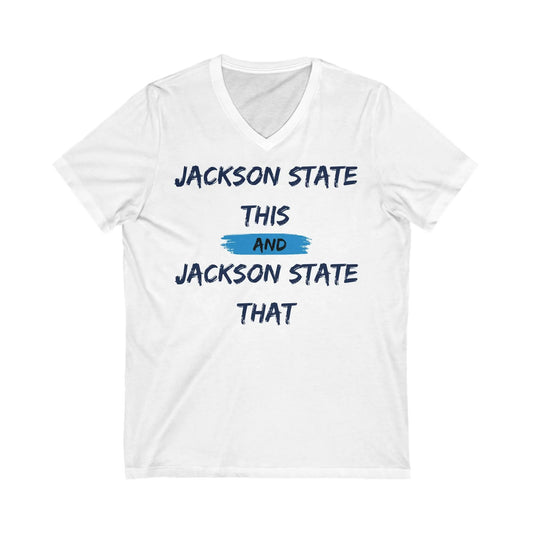 Jackson State This, Jackson State That Navy Baby Blue Block Men's Jersey Short Sleeve V-Neck Tee Printify