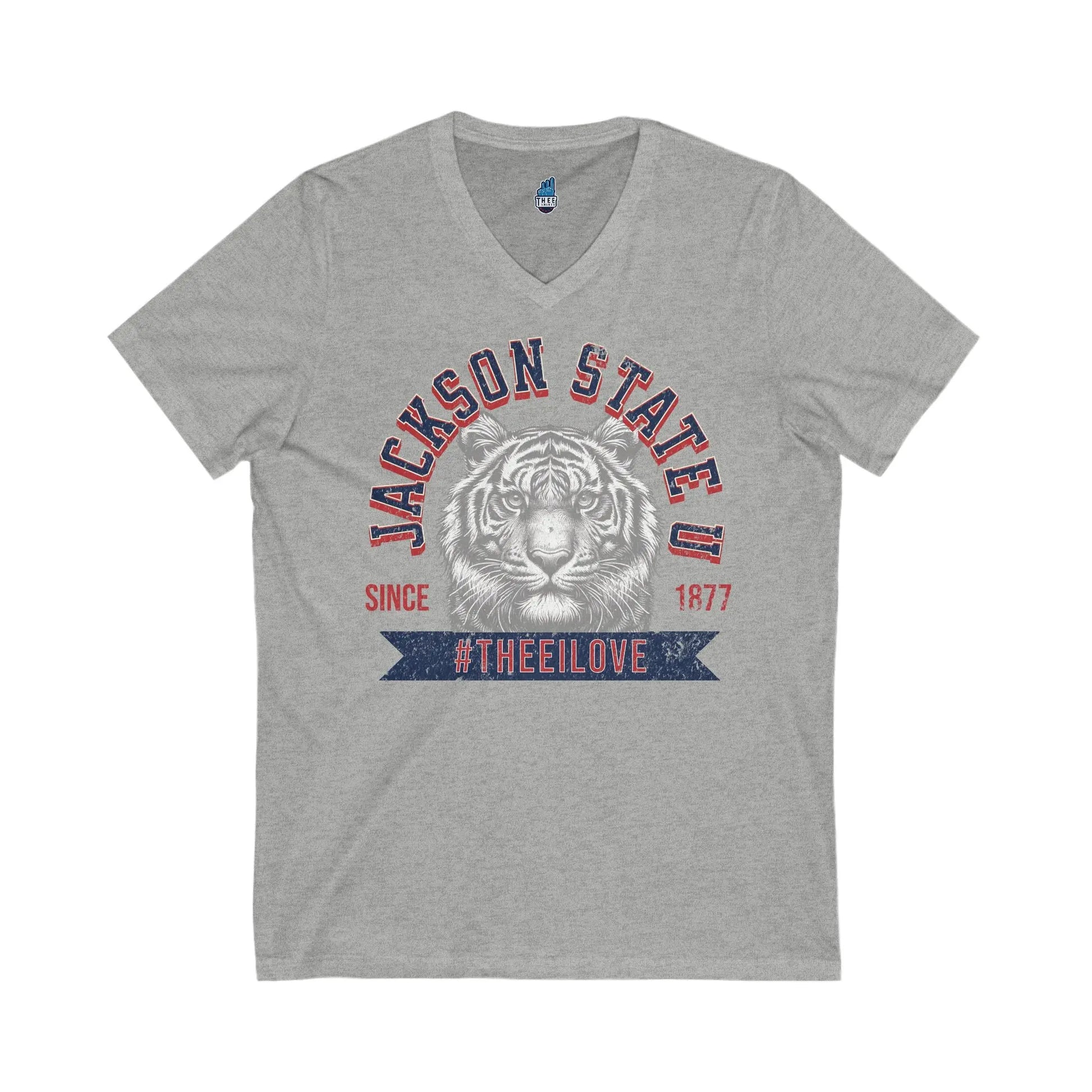 Jackson State Univ #TheeILove Men's Red Jersey Short Sleeve V-Neck Tee Printify