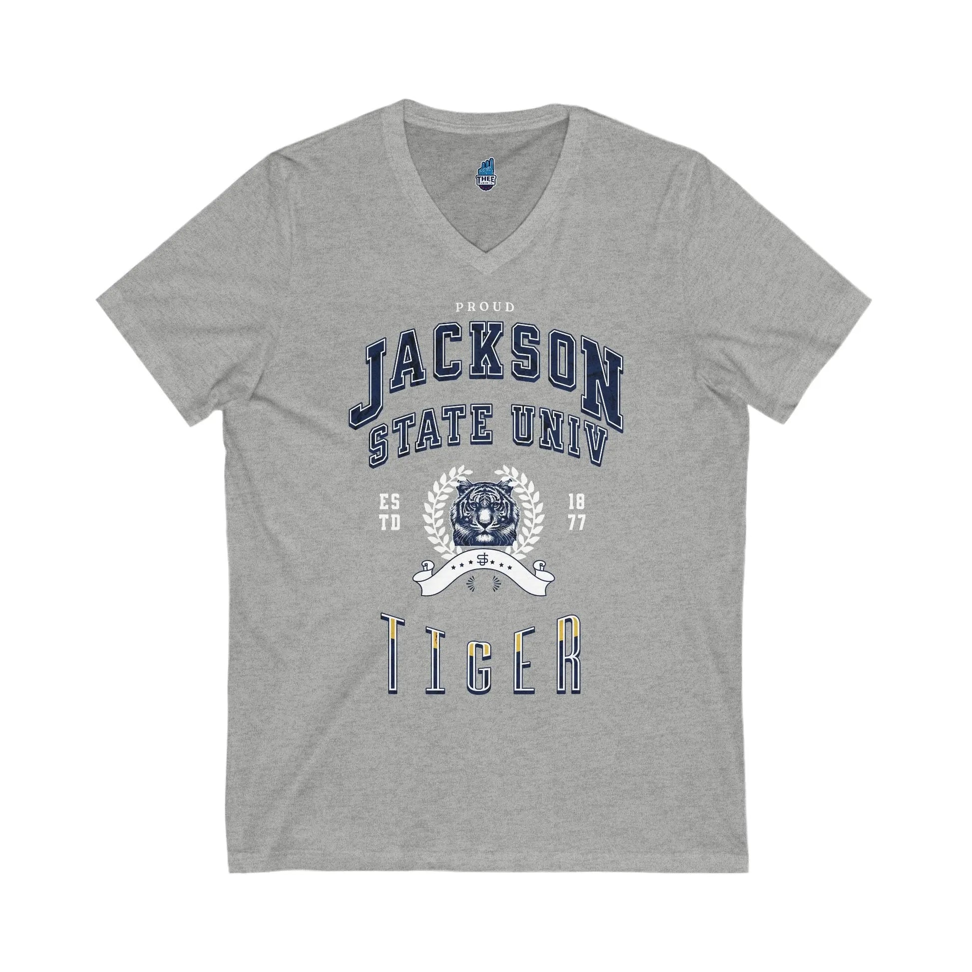 Proud Jackson State Univ Tiger Men's White Jersey Short Sleeve V-Neck Tee Printify