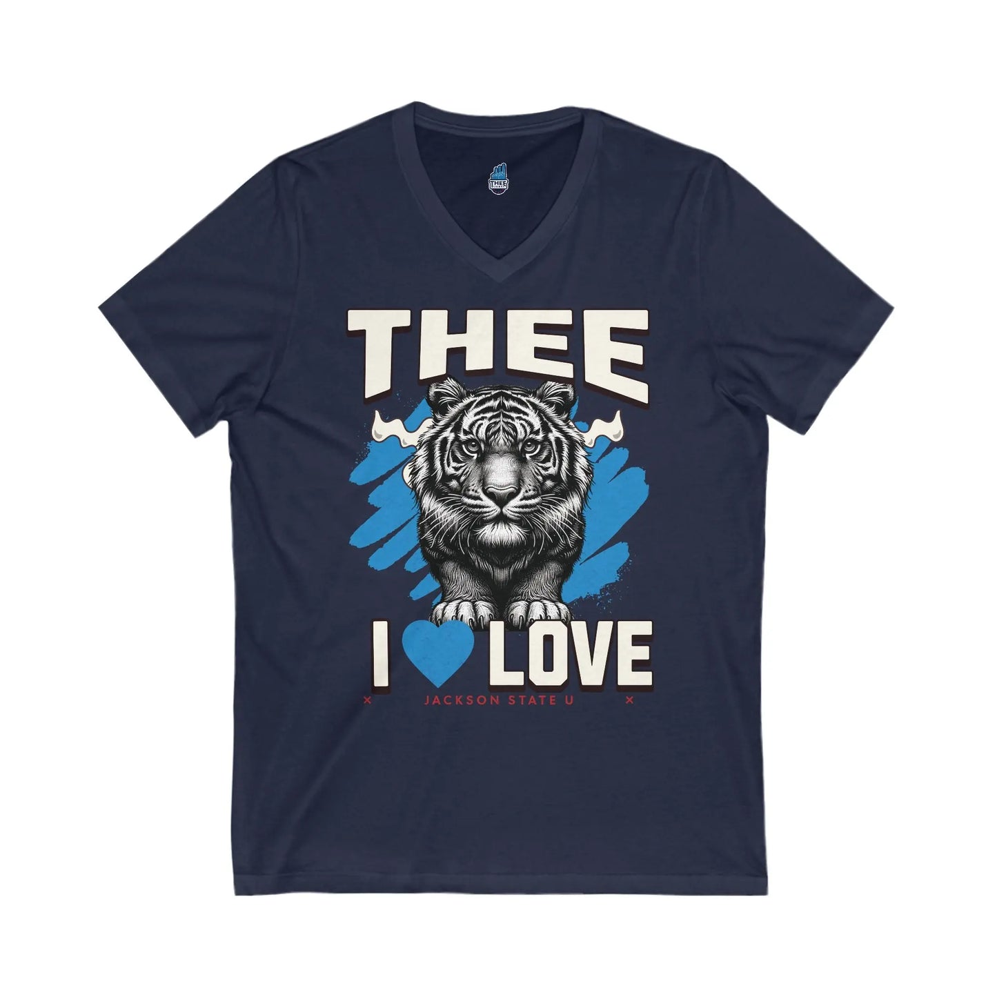 #TheeILove Jackson State U Tigerhead Men's Baby Blue Jersey Short Sleeve V-Neck Tee Printify