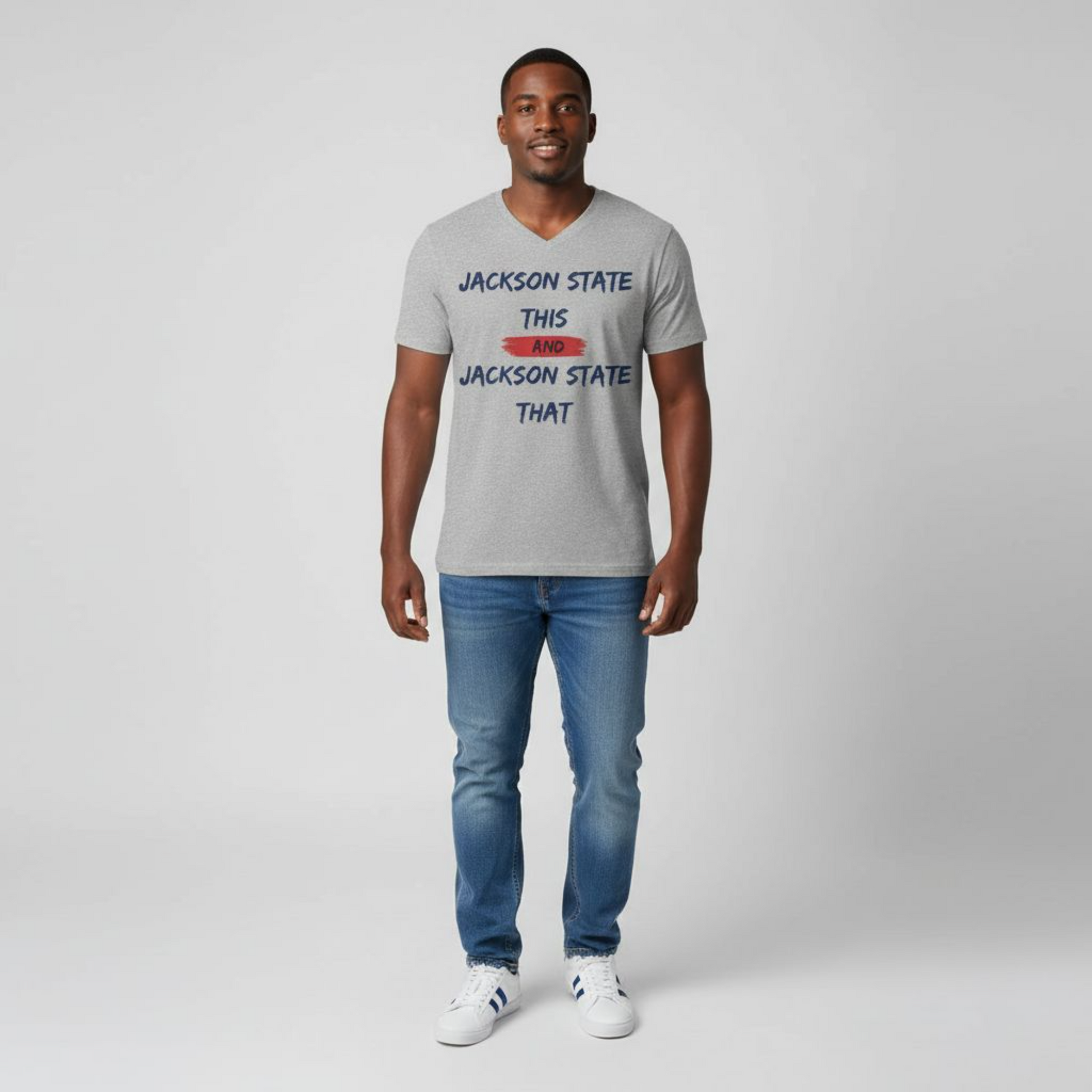 Jackson State This, Jackson State That Navy Red Block Men's Jersey Short Sleeve V-Neck Tee Printify