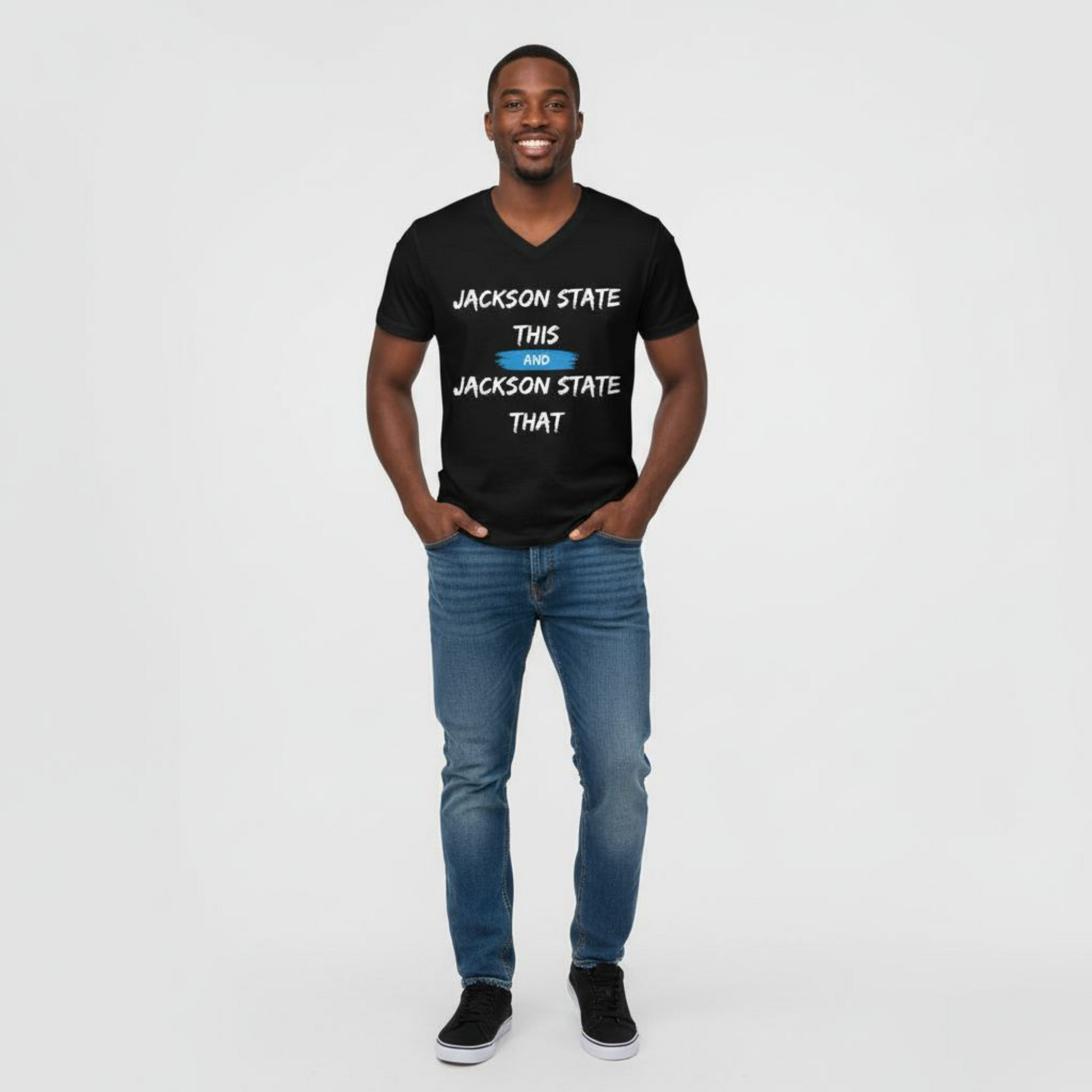 Jackson State This, Jackson State That White Baby Blue Block Men's Jersey Short Sleeve V-Neck Tee Printify
