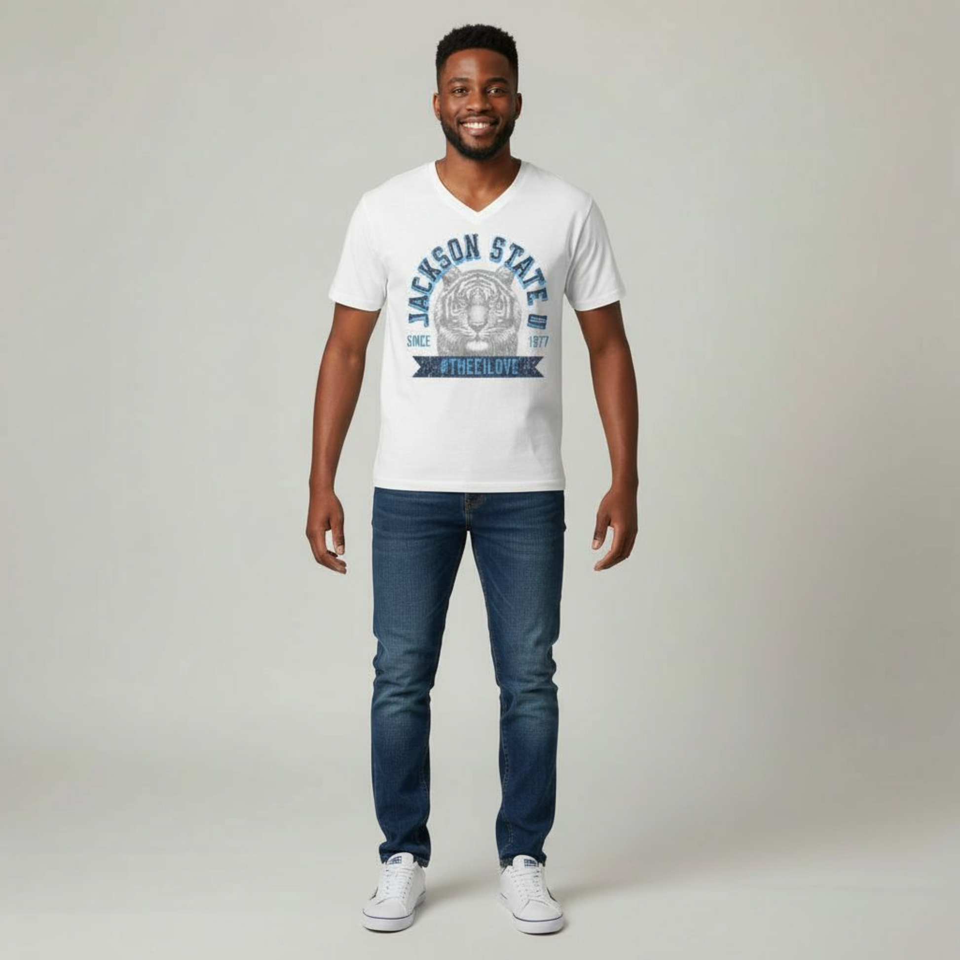 Jackson State Univ #TheeILove Men's Navy Jersey Short Sleeve V-Neck Tee Printify