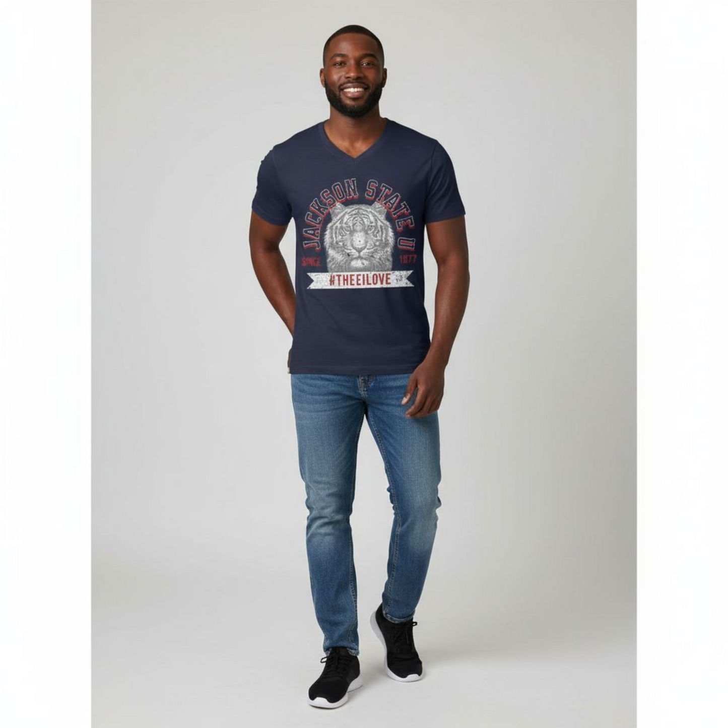 Jackson State Univ #TheeILove Men's White Jersey Short Sleeve V-Neck Tee Printify