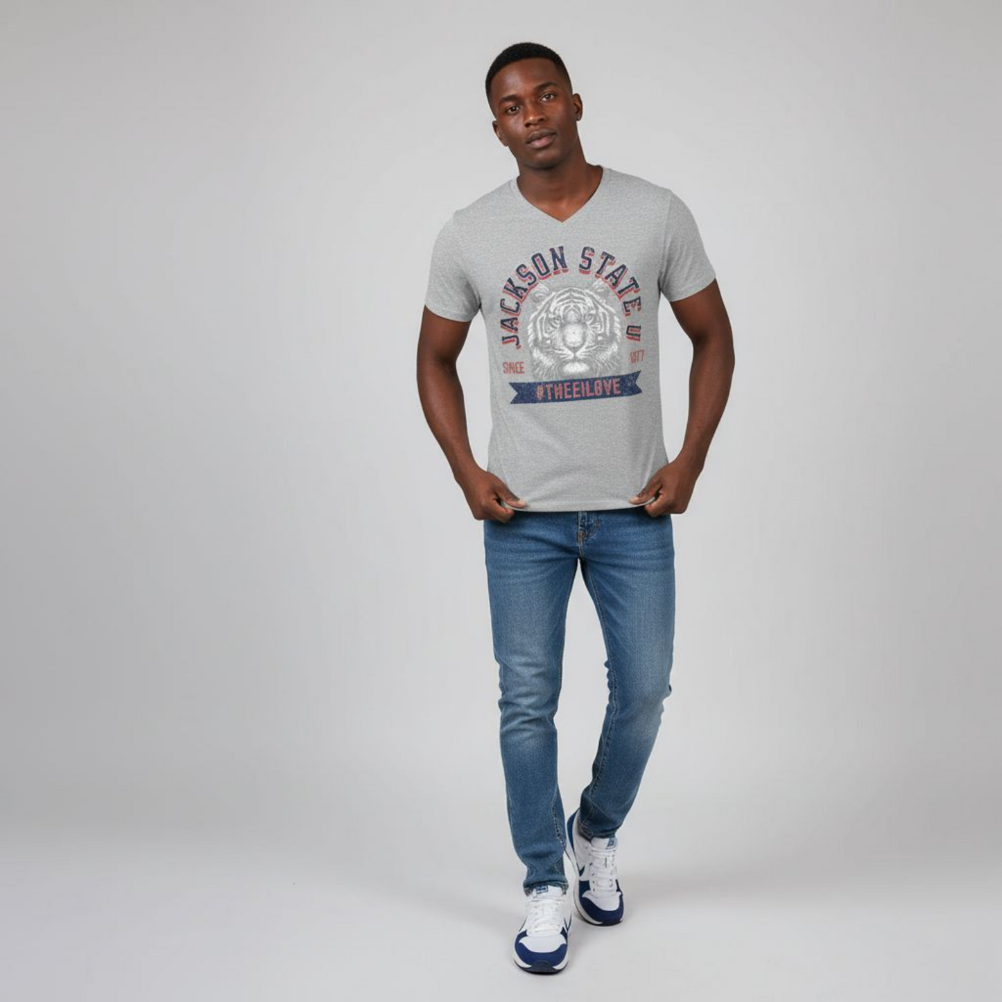 Jackson State Univ #TheeILove Men's Red Jersey Short Sleeve V-Neck Tee Printify