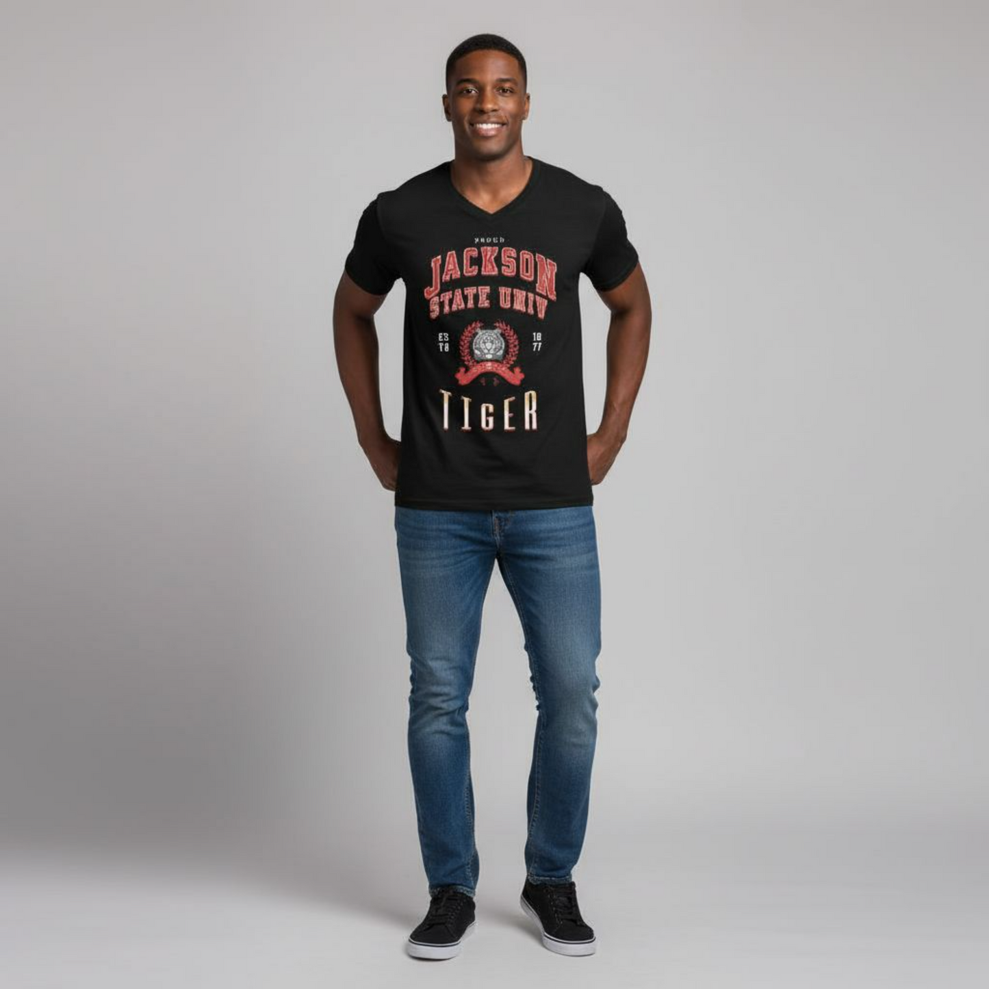 Proud Jackson State Univ Tiger Men's Red Jersey Short Sleeve V-Neck Tee Printify