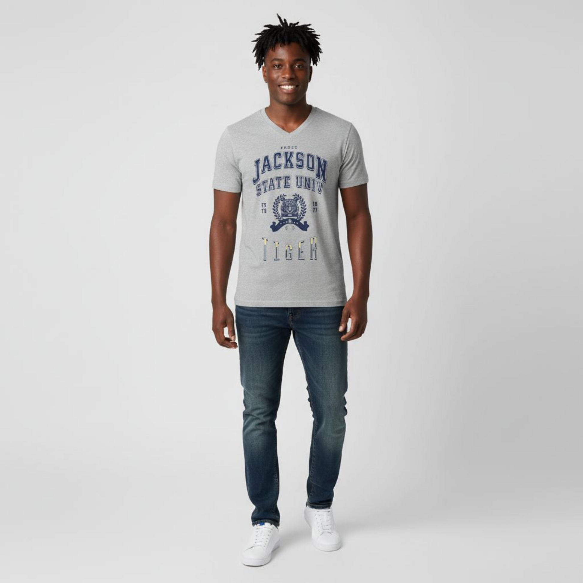 Proud Jackson State Univ Tiger Men's Navy Jersey Short Sleeve V-Neck Tee Printify