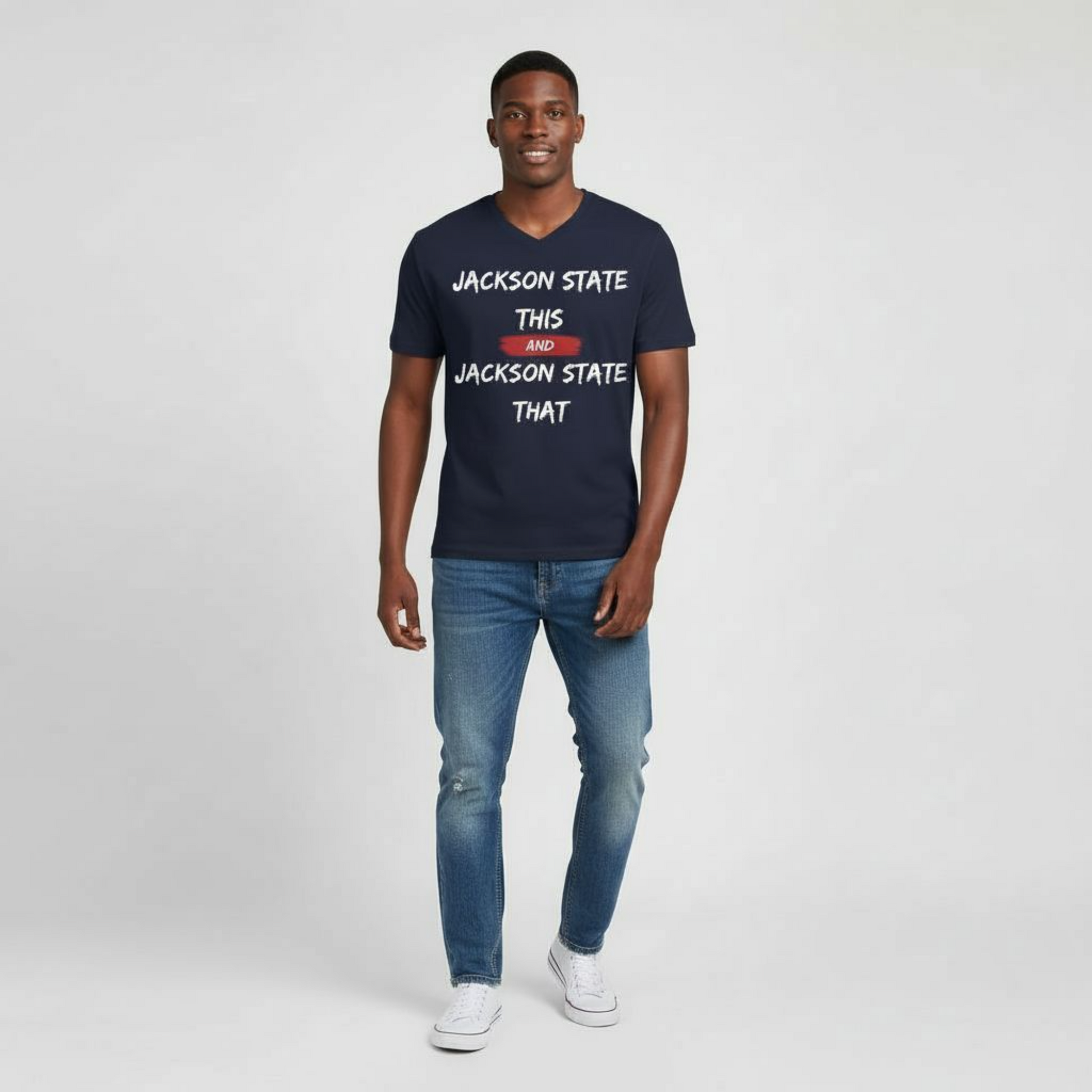 Jackson State This, Jackson State That White Red Block Men's Jersey Short Sleeve V-Neck Tee Printify