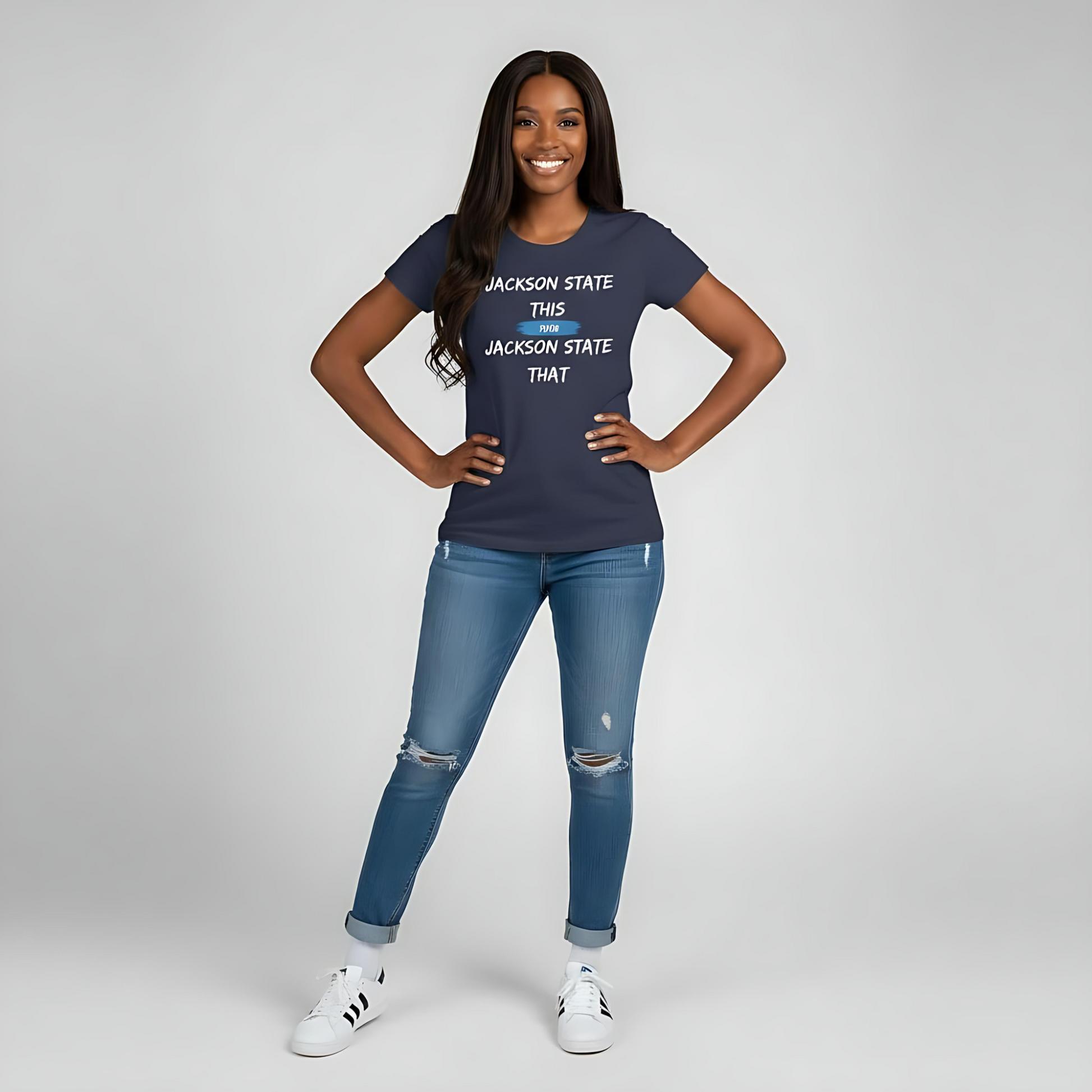 Jackson State This Jackson State That White Baby Blue Block Women's Favorite Tee Printify