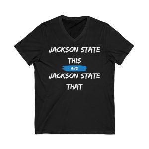 Jackson State This, Jackson State That White Baby Blue Block Men's Jersey Short Sleeve V-Neck Tee