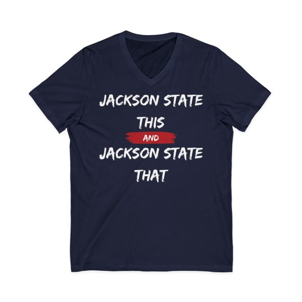 Jackson State This, Jackson State That White Red Block Men's Jersey Short Sleeve V-Neck Tee