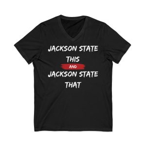 Jackson State This, Jackson State That White Red Block Men's Jersey Short Sleeve V-Neck Tee