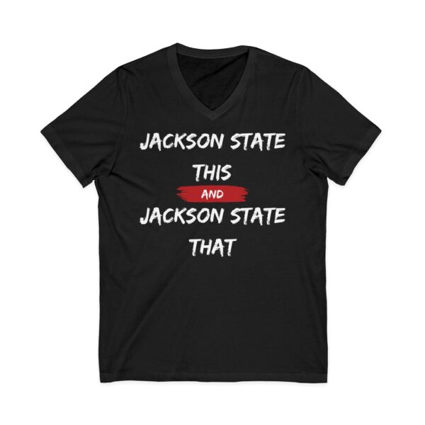 Jackson State This, Jackson State That White Red Block Men's Jersey Short Sleeve V-Neck Tee