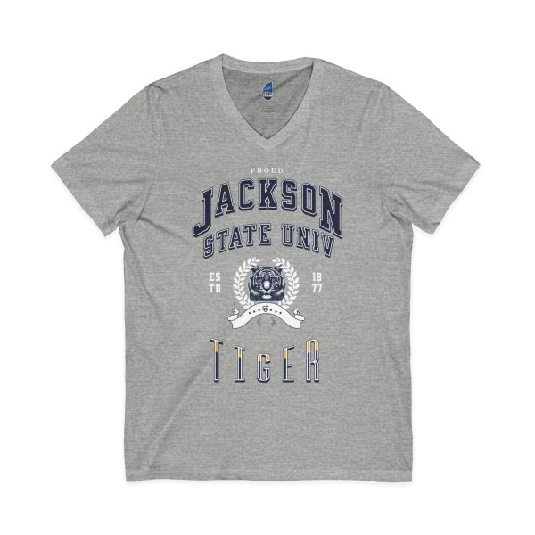 Proud Jackson State Univ Tiger Men's White Jersey Short Sleeve V-Neck Tee