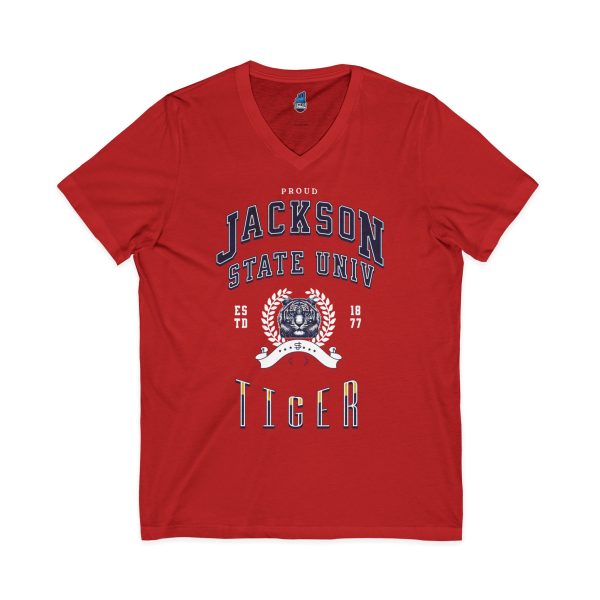Proud Jackson State Univ Tiger Men's White Jersey Short Sleeve V-Neck Tee