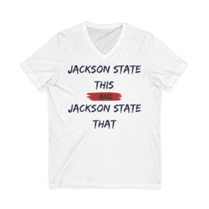 Jackson State This, Jackson State That Navy Red Block Men's Jersey Short Sleeve V-Neck Tee