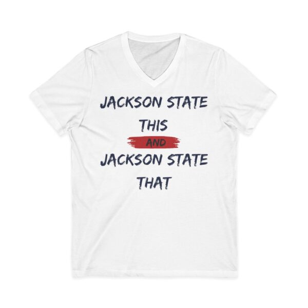 Jackson State This, Jackson State That Navy Red Block Men's Jersey Short Sleeve V-Neck Tee