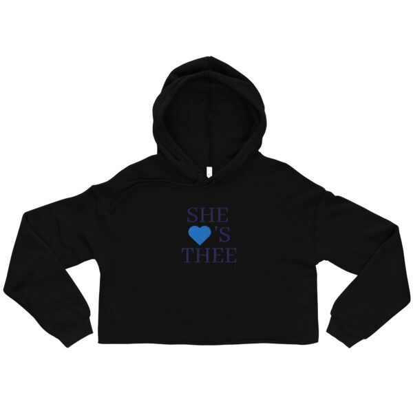 She Loves Thee Navy Embroidered Womens Cropped Top Hoodie