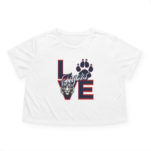 11344728036886128078_2048.jpeg Love Tigers Varsity Women's Flowy Cropped Tee