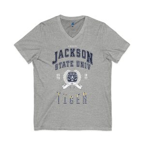 Proud Jackson State Univ Tiger Men's White Jersey Short Sleeve V-Neck Tee