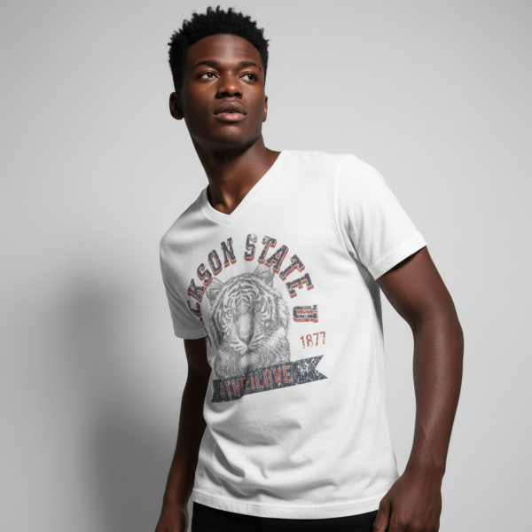20260812155643-1f196666-a148-6dcc-a642-ced29c0af6cd.png Jackson State Univ #TheeILove Men's Red Jersey Short Sleeve V-Neck Tee