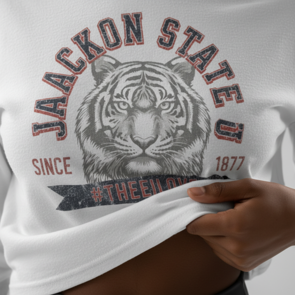 20260812161112-1f196686-fd8f-6854-b915-0623782ef229.png Jackson State Univ #TheeILove Women's Navy Women's Flowy Cropped Tee