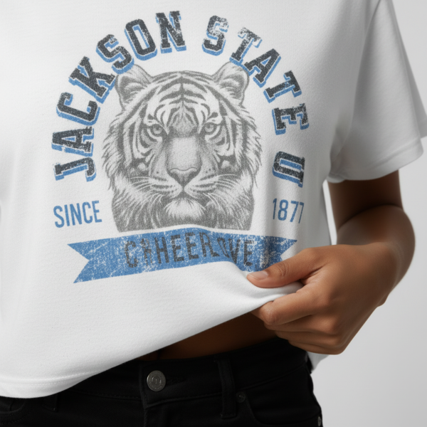 Jackson State Univ #TheeILove Women's Baby Blue Women's Flowy Cropped Tee