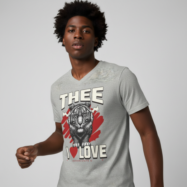 20260812211656-1f196932-5f48-6e3a-a7ce-6e024b568559.png #TheeILove Jackson State U Tigerhead Men's Red Jersey Short Sleeve V-Neck Tee